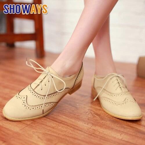2020 Vintage Flats Women Oxfords Black Beige PU Round Toe Low Square Heel Brogues Casual Office Party Lace Up Ladies Dress Shoes