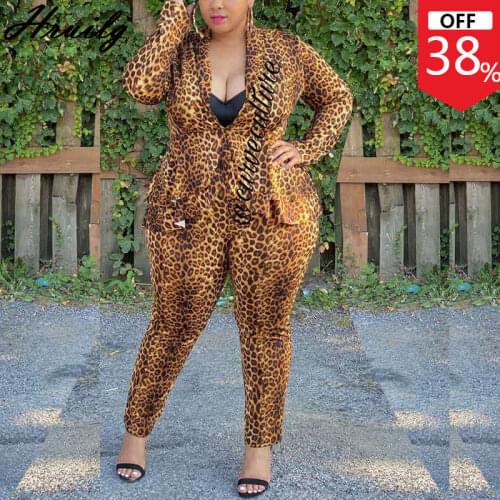 Plus Size 5xl 2 Piece Set Women Fashion Leopard Print Autumn Winter Long Sleeve Coat Tops Full Length Pants Sets Sexy Outfits OL