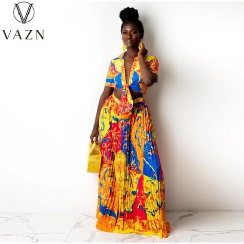 VAZN 2021 INS V-neck Elegant Lady Floral Print 2 Piece Set Boho Beach Summer Women Full Sleeve Top And Maxi Pleated Dress Suits