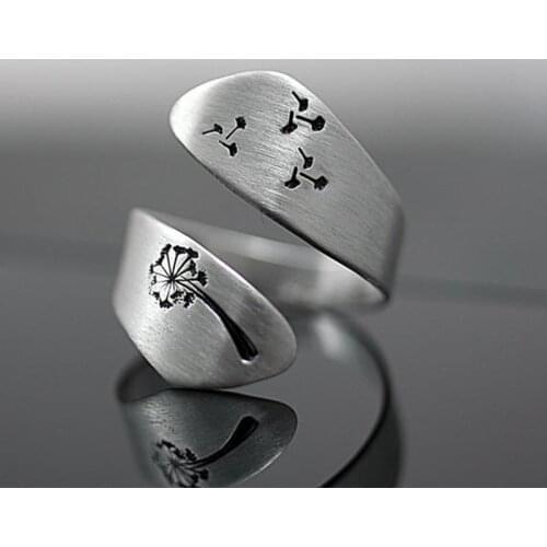 Female Plated Silver Color Adjustable Engraving Dandelion Ring For Women Men Opening Finger Rings Wedding Party Jewelry Gifts