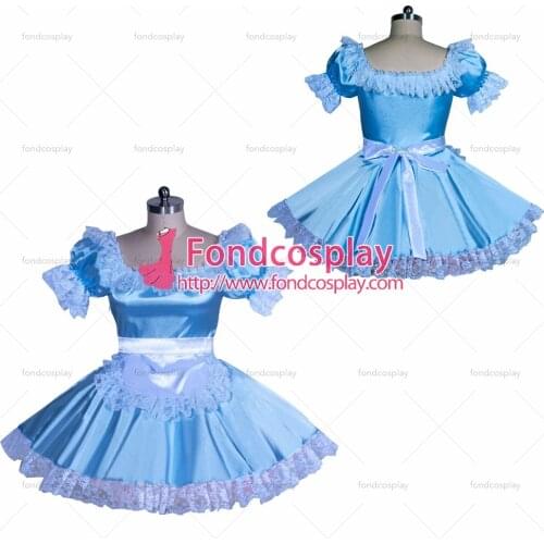 Fondcosplay adult sexy cross dressing sissy maid baby blue short French Satin Dress white apron Unisex CD/TV Tailor-Made[G3930]