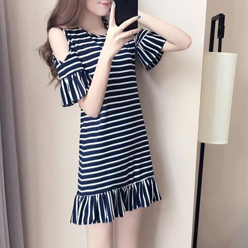 New Fashion Summer Women Dress Striped Round Neck Pullover Ladies Dresses Loose Large Size Wild Summer Dress for Girls