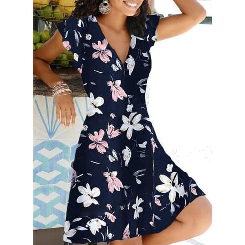Spring Summer Floral Print Dress Women Fashion Vintage Short Sleeve V Neck Mini Dress Casual Loose A-Line Dress