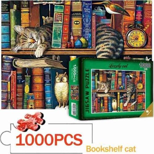 1000 Pieces Adult Kids DIY Animal Landscape Geometric Puzzles Bookshelf Small Cat Owl Jigsaw Puzzles Interesting Educational Toy