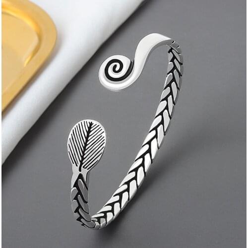 925 Sterling Silver Vintage Weave Feather Charm Bracelet &Bangle For Women Jewelry sl003