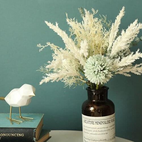 White Artificial Flowers Dandelion Eucalyptus Hybrid Bouquet Wedding Green Plant Decoration Fake Flower