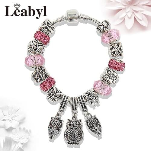 Leabyl Classic Pink Blue Purple Crystal Bead Bracelets Silver Color Antique Owl Charm Bracelets & Bangles for Women Child Gift