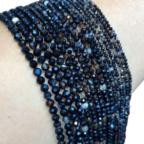 Fine 100% Natural Stone Black Agate Faceted Gemstone Round Spacer Beads For Jewelry Making DIY Bracelet Necklace 2/3/4MM