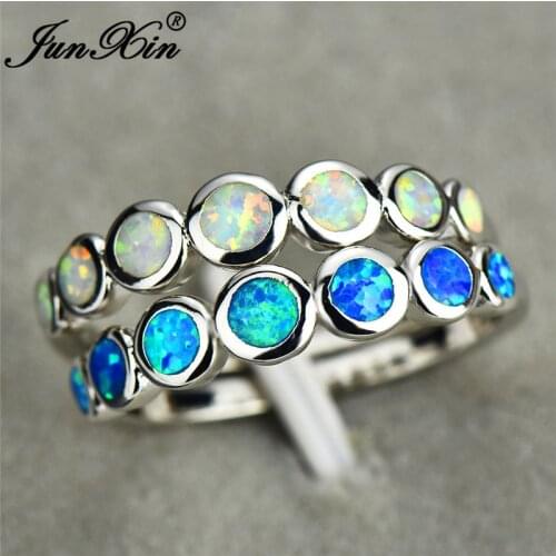 JUNXIN Minimalist Female Stacking White Blue Fire Opal Stone Rings For Women Silver Color Round Wedding Ring Girls