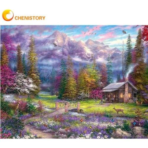CHENISTORY Painting By Numbers Mountain Pink Flower Landscape Picture Handmade Modern Home Wall Decoration Artwork 60x75cm