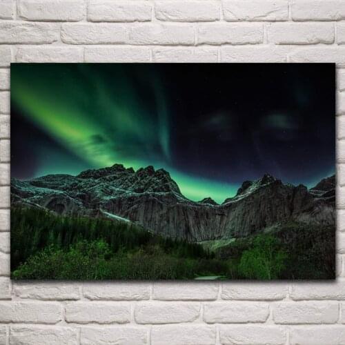 Beautiful northern lights mountains night gori Norway landscape living room home wall art decor wood frame fabric poster KN744