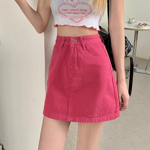 LY VAREY LIN Spring Summer Solid Color High Waist Wide Leg A-line Mini Denim Skirt Casual Female Washed Pink Ladies Jenas Skirts