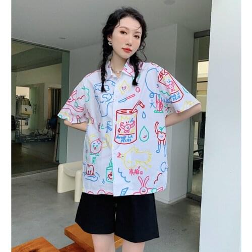 Fashion Designer 2021 Woman Graffiti Couple Loose Short Sleeves Shirt Casual Tops Elegant Vintage Straight Shirt