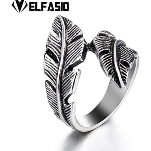 Elfasio Womens Plain Feather Fashion Silver Tone Stainless Steel Ring Jewelry