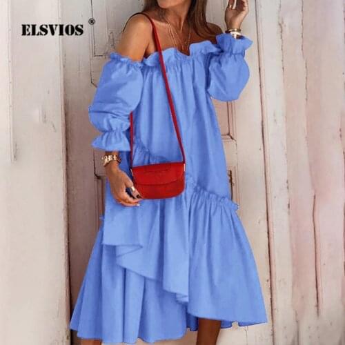 Autumn Women New Simple Casual Solid Color Loose Long Dress Elegant Irregular Slash Neck Sexy Off-shoulder Long Sleeves Dresses
