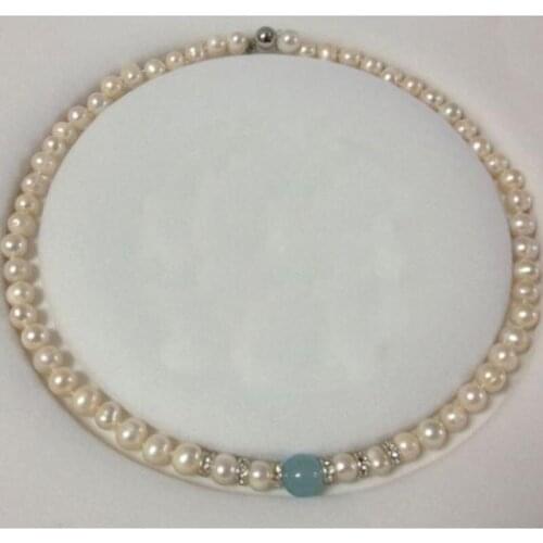 NATURAL 7-8MM REAL WHITE PEARL & 10MM NATURAL BLUE JADE BEADS NECKLACE 18"
