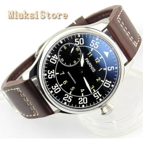 Parnis 44mm Black dial leatherl luminous Sea gull 6497 movement mechanical hand winding mens mechanical watch