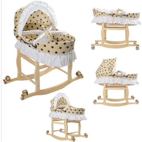 Travel Portable Baby Roller Bed Crib Folding Baby Sleeping Basket Bassinet for Newborn Baby Wood Rocking Crib with Wheels 0~9M