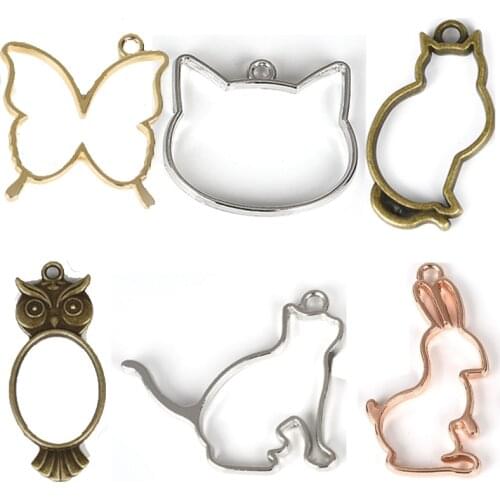 5pcs Open Bezel Frame Charms Alloy Hollow Cat Rabbits Resin Mold Pendant For Earrings Jewelry Making Accessories