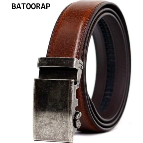 Leather Belt For Men High Quality Cowhide Ratchet Belts Vintage Alloy Auto Buckle Male Waist Strap Brown 44"-52" Formal Style
