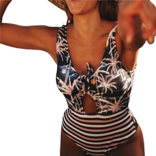 Sexy Women Striped One-piece Swimsuit Sleeveless Monokini Hollow Out Deep V-neck Swimwear for Summer Summer Bikinis Biquinis