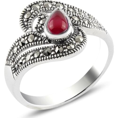 Silver 925 Sterling Red Agate & Marcasite Ring