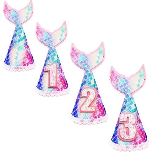 1 2 3 Year Birthday Hat Glitter Non-woven Fabric Mermaid Tail Birthday Mini Crown Little Mermaid Party Supplies Girls Gift Decor