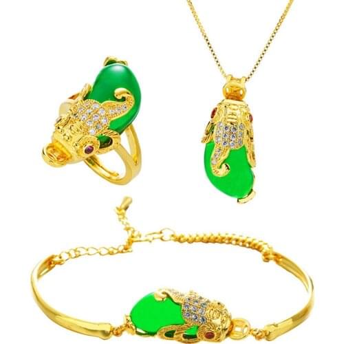 Green Green Stone Jewelry Set Yellow Gold Filled Elegant Womens Pendant+Bracelet+Ring Gift