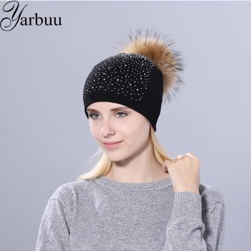 [YARBUU] women winter beanie hat high quality knitted wool hats the female of the mink pom pom Rhinestone hats for girl women