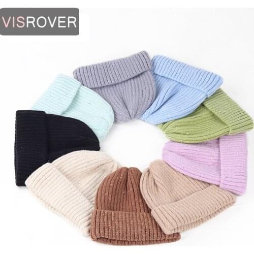 VISROVER 9 Colorway Unisex Solid Color Lurex Acrylic Woman Winter Hat Soft Autumn Bonnet Best Matched Woman Warm Skullies Gift