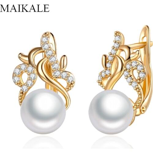 MAIKALE Fashion Copper Stud Earrings with Pearl Gold Silver Color Cubic Zirconia Korean Earrings for Women Jewelry Wholesale