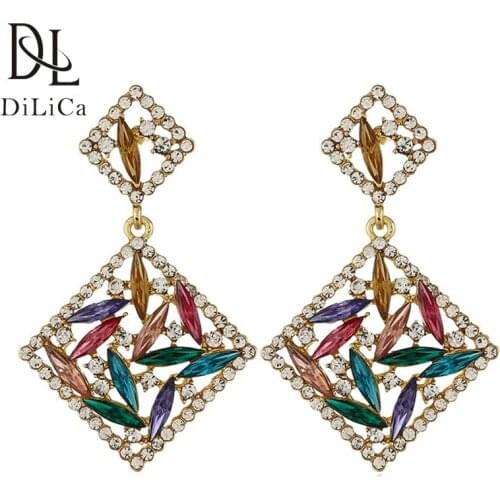 DiLiCa Trendy Crystal Charms Earrings for Women Fashion Rhinestone Statement Drop Earrings oorbellen Party Costume Jewelry