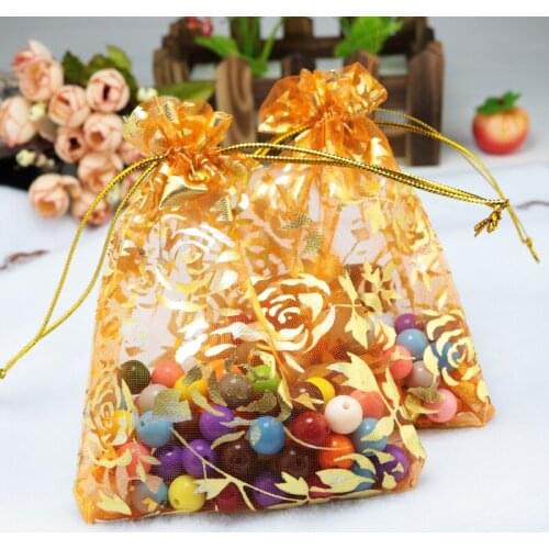 100pcs 13x18cm Rose Flower Organza gift bags Orange Color Drawable Organza Bags Wedding Christmas Gift Bags free shipping