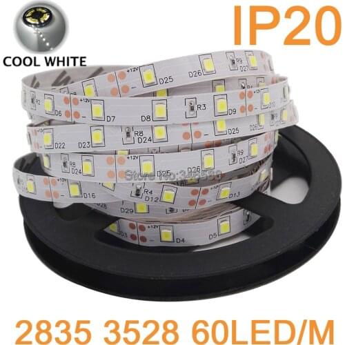 5M/Roll DC12V 300LEDs 60led/m 3528 2835 SMD Flexible LED Strip IP20 Non-Waterproof White Color 6000-6500K 12V LED Tape Ribbon