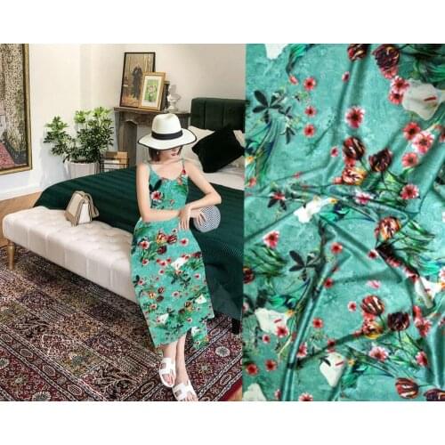 Alibaba express Digital Print silk spandex Satin green Fabrics Clothes Dress Material Silk Fabric quilting tissus au metre telas