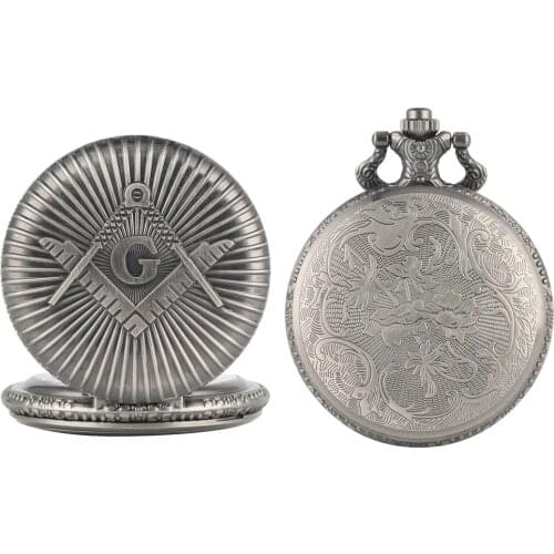 Antique Grey Freemasonry "G" Display Quartz Pocket Watch Mason Souvenir Pendant Necklace Chain Retro Clock Gifts for Men Women