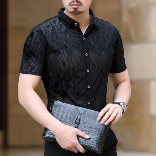 Camisa Social 2020 Fashion Streetwear Shirt Transparent Short Sleeve Velvet Shirt Camisa Hombre Hawaiian Man Shirt Camicia Uomo