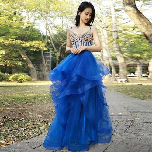 Long Tulle v-neck Evening Dress Blue Pink Sequins Spaghetti straps вечернее платье luxury 2020 Robe Prom party dresses for women