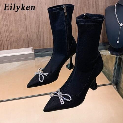 Eilyken Women Ankle Stretch Spandex Boots Fashion Zipper High Heels Pointed Toe Bowknot Crystal Rhinestones Black Party Shoes