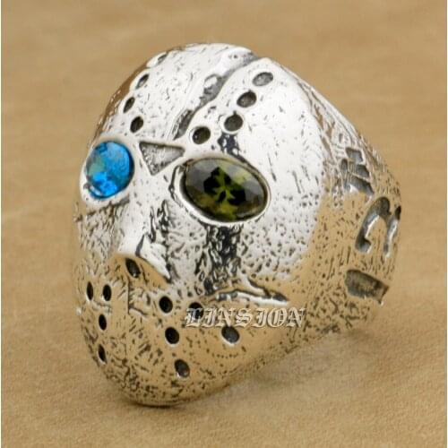 Halloween Jason Blue + Green CZ Eyes 925 Sterling Silver Mens Boys Biker Rock Punk Ring 9D404 US Size 7~15