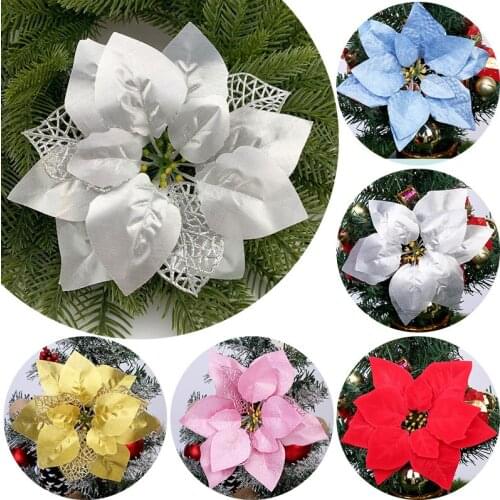 20cm Glitter Artifical Christmas Flower Wreath Fake Flowers DIY Home Christmas Tree Ornaments Wreaths Xmas Supplies Flower Head