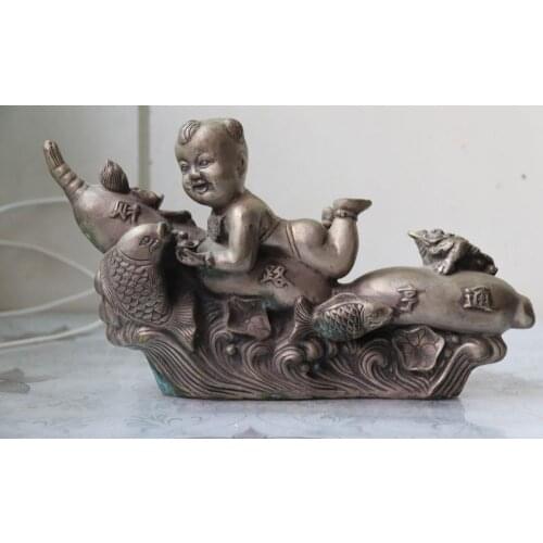 Chinese Feng Shui Old White Copper Silver Wealth Lotus Root Fish Boys Art Statue