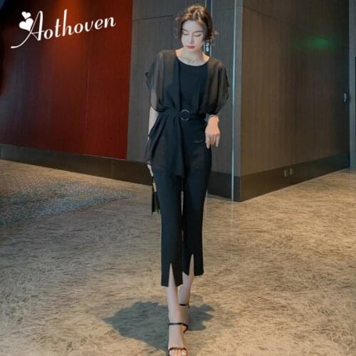 2 Pieces Set 2020 Summer Black Casual Office Suits For Women Patchwork Chiffon Shirt Tops and Pencil Pants Suit Workwear Sets