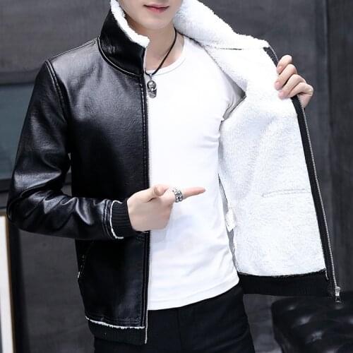Autumn and Winter The New Leather Jacket Coat Men Plus Velvet Thickened Pu Leather Warm Fashion Men Leather Jacket Khaki Black