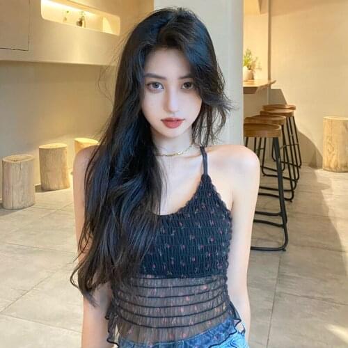 Shirring print tank tops ladies Black adjustable skinny vest summer women sweet basic tees corset top sexy