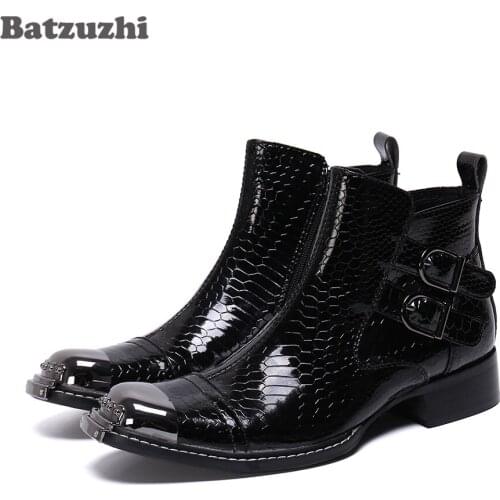Batzuzhi Fashion Men Boots Luxury Black Leather Ankle Boots Square Toe Metal Tip Business Leather Boots Bota Masculina, Size 46