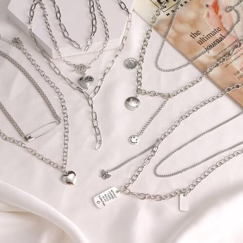 VKME Punk Hiphop Mens Necklaces Multi-layers Chain Dog Tag Heart Smiley Pendants Necklaces Long Collars Women Necklaces Jewelry