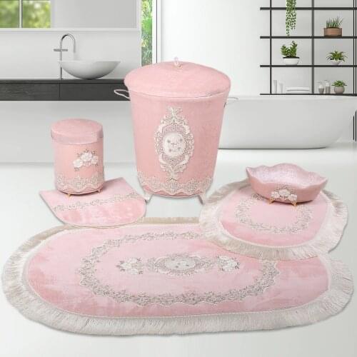 Bonny Home Exclusive Pink 6 Pieces Laundry Basket Set & Bath Mat Set Organizer Dirty Clothes Storage and Bathroom Rugs