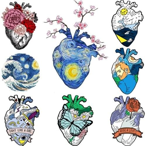 Van Gogh Cartoon Heart Patch Heat Transfer Vinyl Iron on Patches Flowers in My Heart Thermal Transfer Stickers For Clothes Badge