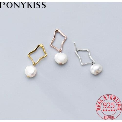 PONYKISS Classic S925 Sterling Silver irregular Baroque Natural pearl Stud Earrings Women Party Jewelry Minimlist Accessory